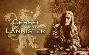 Cersei Lannister 身著華麗中世紀服飾，站在她的獅子徽章旁邊，棕褐色調。