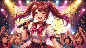 動畫女孩在演唱會上唱歌，粉絲歡呼，五彩紙屑飄落。