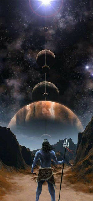藍皮膚神祇手持三叉戟，在宇宙行星排列下的外星沙漠山脊上。