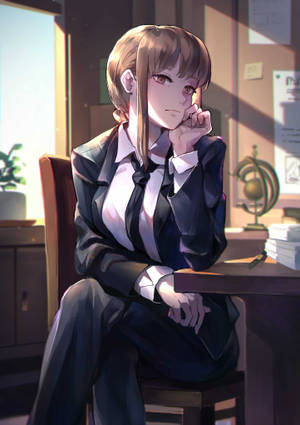 動漫女孩穿著西裝坐在陽光充足的辦公室的桌子旁 — Oppo Pad 6 壁紙