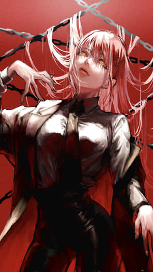 粉紅色頭髮、鎖鏈和金色眼睛的動漫女孩，穿著深紅色服裝。