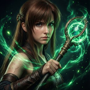 一位堅定的女法師，手持發光的綠色法杖，周圍環繞著魔法能量。