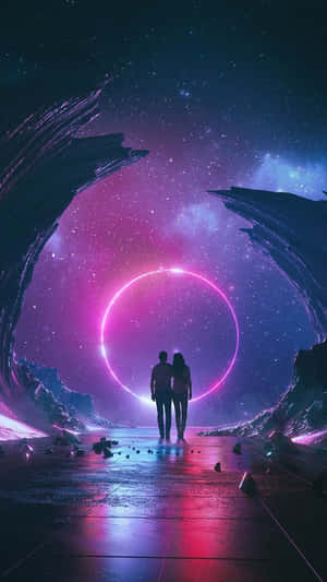 兩個人站在一個星光隧道中，面對一個發光的宇宙環。