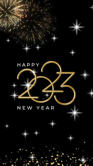金色2023新年文字，煙花星星同紙碎喺黑色背景上