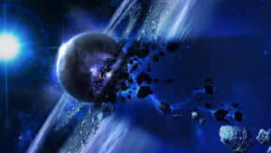 行星和小行星在星光閃爍的太空中移動，伴隨著藍色星雲。