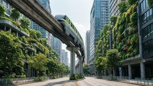 單軌列車穿過綠色城市，高樓林立，天空晴朗。 — 城市景觀 壁紙