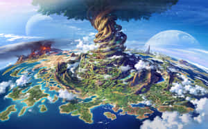 一棵巨樹從浮島上生長，天空中有海洋和月亮。