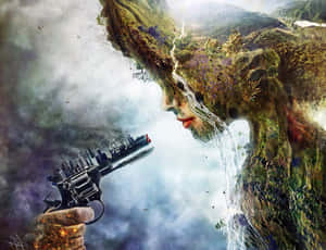 一隻手握著一支左輪手槍，槍管中出現城市景觀，瞄準了一個帶有瀑布的山脈面孔。