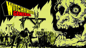 Witchfinder General 漫畫書封面，有人群、被絞死的人物和怪物骷髏。