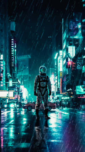 孤獨的太空人在夜晚的雨霓虹城市中行走。
