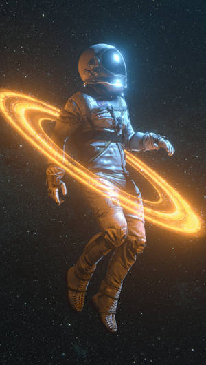 太空人在深空中靠近一個發光的環狀行星漂流。