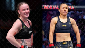 兩名身穿UFC裝備的女性MMA拳手在八角籠內，一人微笑，另一人嚴肅。