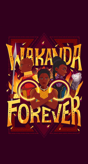 三名瓦干達戰士手持武器和珠寶，站在 'Wakanda Forever' 文字後面。