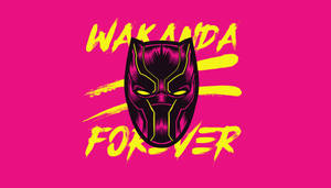 黑色黑豹面具，發光的眼睛，粉紅色背景上的「Wakanda Forever」文字。