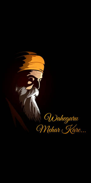 戴頭巾和留鬍鬚的錫克教男子，帶有金色文字 Waheguru Mehar Kare