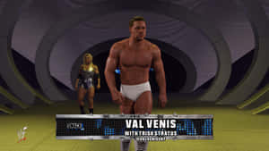 摔角手 Val Venis 和 Trish Stratus 走下一條未來風格的摔角入口通道。 — 摔角 GIF 壁紙