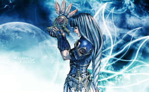 動漫女武神身穿藍色盔甲，在宇宙背景下手持發光神器。