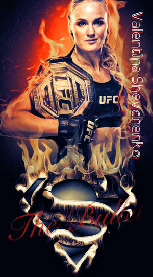 UFC 拳手 Valentina Shevchenko 手持冠軍腰帶，周圍有火焰。 — iPhone 8 壁紙