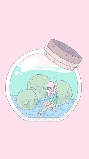 一個粉紅色頭髮的動漫女孩坐在一個有苔蘚石頭和水的魚缸裡。
