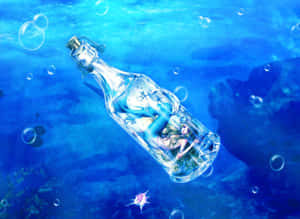 玻璃瓶中的美人魚在水下漂浮，伴有氣泡和珊瑚。