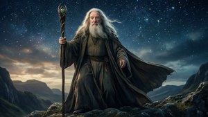 長白鬍鬚的古代巫師在夜晚的山上手持發光魔杖，星空下。