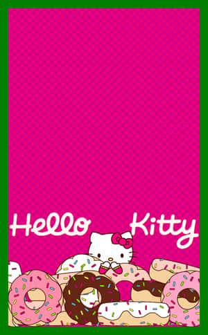 Hello Kitty 被帶有糖霜的甜甜圈包圍，背景是粉紅色格紋。