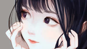 深色頭髮和紫色眼睛的動漫女孩輕輕觸摸臉龐。