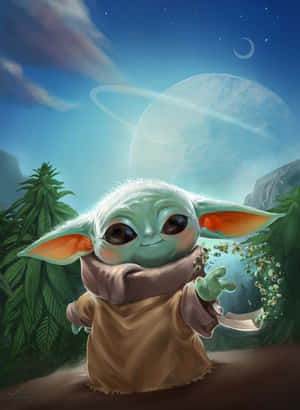 嬰兒尤達在星空下拿著爆谷，旁邊有一個帶環的行星。 — 寶寶尤達 壁紙