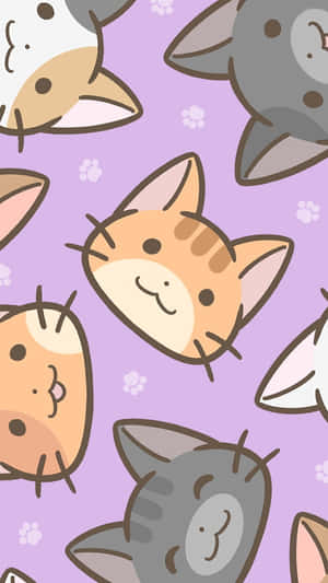 可愛的卡通貓臉在紫色背景上重複排列，帶有腳印圖案。 — Hello kitty 美學 GIF 壁紙