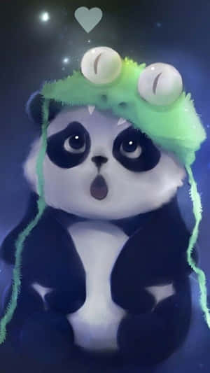 一隻驚訝的卡通熊貓，戴著綠色青蛙帽，在星空下，漂浮著一顆心。