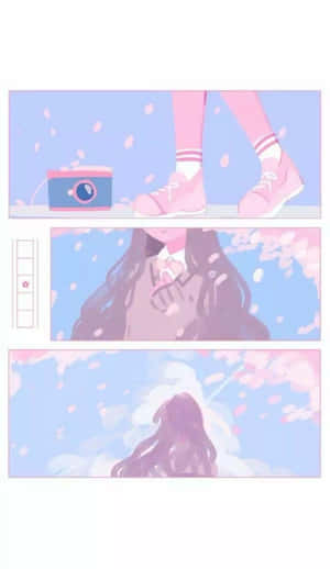長髮動漫女孩在櫻花下行走，手持相機。 — 粉紅動漫美學 壁紙