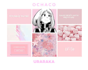 動漫角色 Ochaco Uraraka 在粉紅色拼貼畫中，配有文字和心形棉花糖。