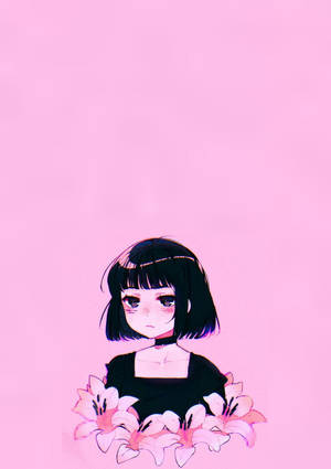 黑色鮑伯頭的動漫女孩在粉紅色背景前拿著粉紅色的百合花