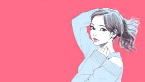 動漫風格女孩穿著藍色毛衣在粉紅色背景前
