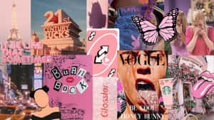 粉紅色流行文化拼貼畫， featuring 艾菲爾鐵塔、Vogue 雜誌和標誌性標誌。 — 粉紅動漫美學 壁紙