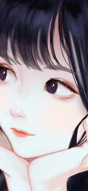 動漫女孩深色頭髮紫色眼睛雙手托腮 — 可愛少女風gif 壁紙