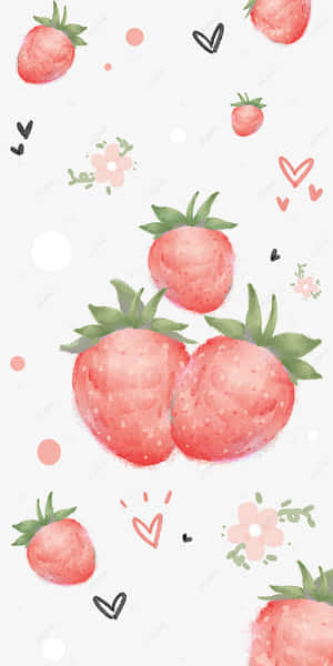 淺色背景上帶有心形和花朵的水彩草莓 — 柔粉 壁紙