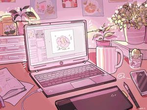 粉紅色插圖書桌，配備筆記型電腦繪圖軟件和植物 — 美學女孩 壁紙