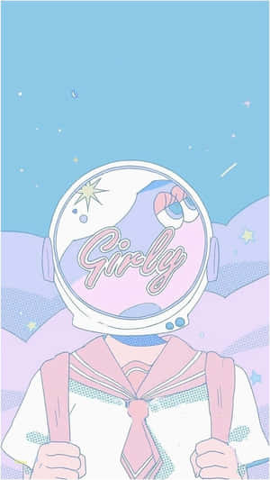 動漫女孩穿著水手服，戴著標有「Girly」的太空人頭盔，身處粉彩太空場景。