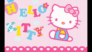 Hello Kitty 卡通角色戴著蝴蝶結和彩色字母，背景是粉紅色條紋。