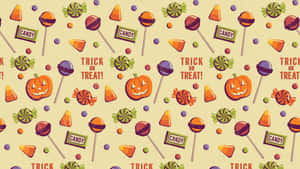 萬聖節糖果圖案，有南瓜、棒棒糖和trick or treat文字。 — 可愛秋天gif 壁紙