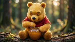 小熊維尼在森林裡享受蜂蜜
