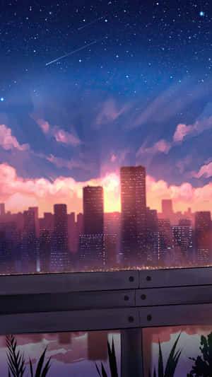 暮色中的城市天際線，上方可見星星和一顆流星。