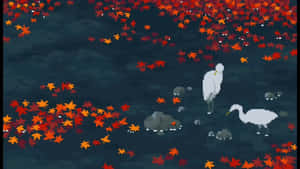 兩隻白鷺在水中涉水，周圍環繞著飄落的紅色和橙色楓葉。