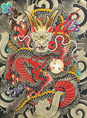 色彩鮮豔嘅日式龍藝術，帶有旋轉嘅雲同花卉圖案。 — 日本龍動畫 壁紙