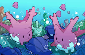 兩隻粉紅色卡通海洋生物在水下微笑，伴隨著珊瑚和泡泡。