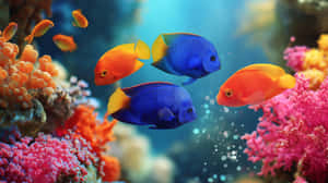 色彩繽紛的熱帶魚在清澈的藍色海水中，在明亮的珊瑚間游動，陽光穿透水面。 — 水下 壁紙