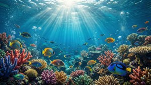 在海面之下，色彩繽紛的魚兒在沐浴陽光的珊瑚礁之間游動。