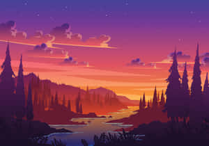 暮色森林場景，有山脈、河流和星空