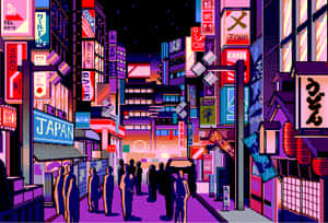 夜晚的東京像素化街道，閃爍的招牌和人物剪影。